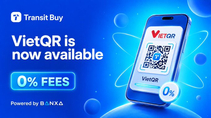 A bright blue promotional banner announcing 'Transit Buy' and 'VietQR is now available,' featuring '0% FEES' and a smartphone displaying a VietQR code, 'Powered by BANXA'.
