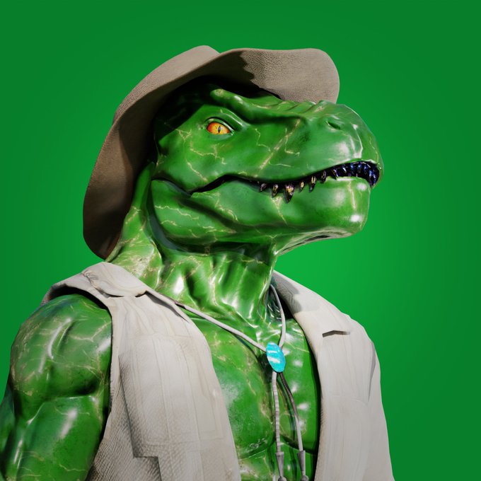 A 3D-rendered green reptilian humanoid character wearing a cowboy hat, tan vest, and a blue stone necklace against a green screen background.