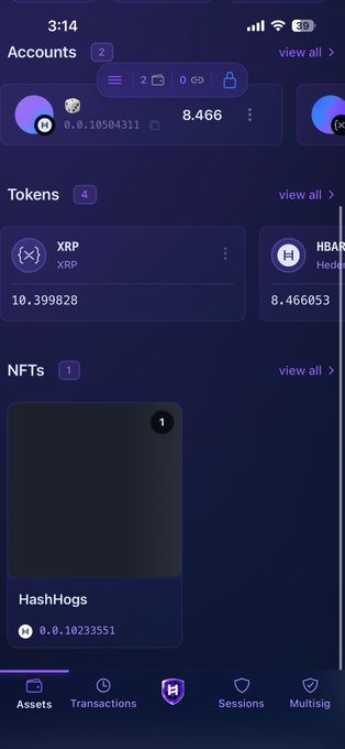 The image shows a phone screen with an app called "wallet.hsuite" that has been recently created and activated, displaying its features such as loading up and connecting to the @XRPLLabs ecosystem. The user interface also includes options for exploring the XRPLLabs ecosystem and purchasing nfts/memes using the wallet's apps.