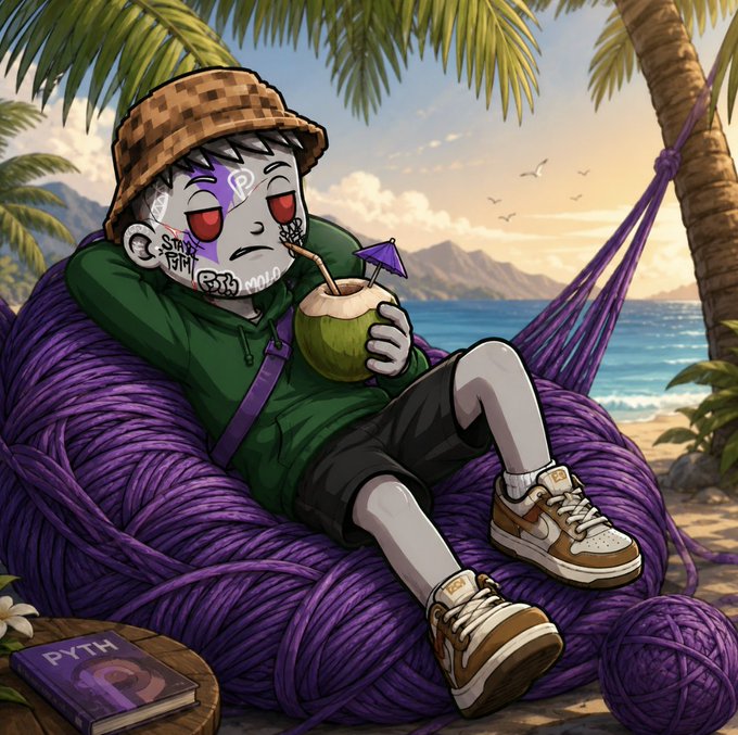 Digital illustration of a stylized cartoon character with gray skin, red eyes, purple face markings, and a checkered headband, relaxing in a hammock made of purple yarn on a tropical beach while drinking from a coconut with a purple straw; a book labeled 'PYTH' lies at the bottom.