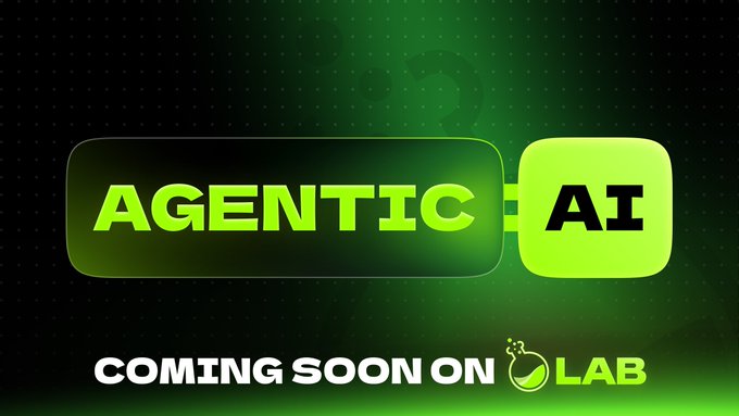A promotional graphic featuring bold green and white text reading "AGENTIC AI - COMING SOON ON LAB" against a dark green grid background, with a flask logo accompanying the "LAB" branding. The image teases an upcoming AI-powered trading agent tool on the $LA platform, aligning with the post's emphasis on agentic AI keeping traders disciplined rather than chasing predictive trading bots.
