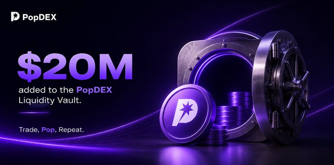 A promotional banner for PopDEX announcing '$20M added to the PopDEX Liquidity Vault' with the tagline 'Trade, Pop, Repeat,' featuring a vault and purple PopDEX token.