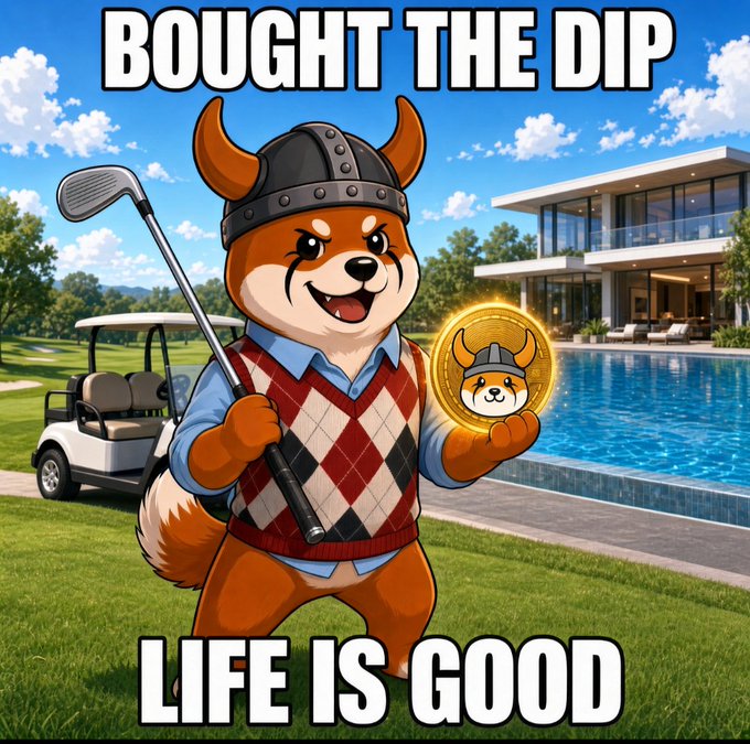 A meme featuring a cartoon Shiba Inu dog dressed as a Viking golfer holding a golf club and a coin, with text 'BOUGHT THE DIP' and 'LIFE IS GOOD'.