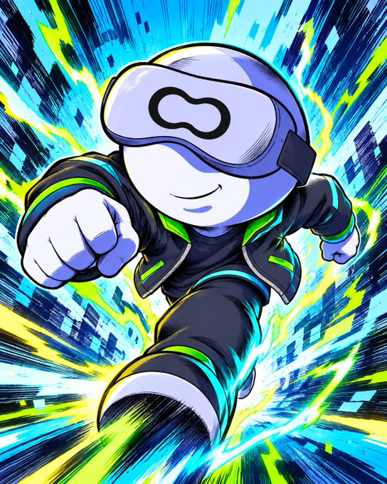 An anime-style illustration of a white, smiling character wearing a VR headset with an infinity symbol and a neon-accented jacket, charging forward amidst dynamic green and blue speed lines.