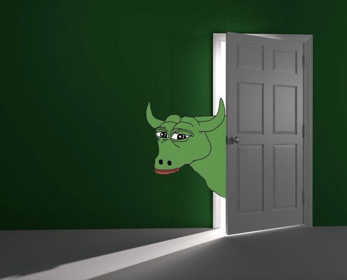 A cartoon green bull with a smug expression peeks through a partially open gray door into a dark room, casting a bright ray of light—mirroring the meme-style origin of the "somethingridiculous.sol" Solana token name with its absurd, bullish whimsy.
