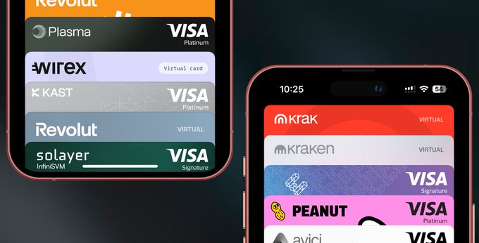 Smartphones displaying digital wallets with multiple stacked virtual Visa cards from brands including Plasma, Wirex, KAST, Revolut, solayer, Krak, kraken, Peanut, and avici.