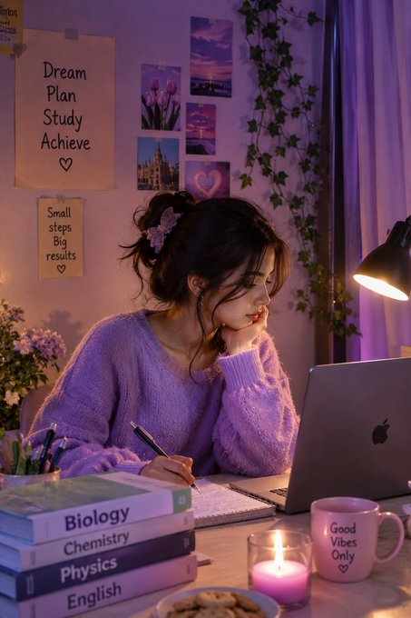 A young woman studies at a desk surrounded by inspirational notes ("Dream, Plan, Study, Achieve," "Small steps, Big results"), textbooks (Biology, Chemistry, Physics, English), and a "Good Vibes Only" mug. The image's aesthetic of dreamy study vibes—soft purple lighting, cozy desk setup, and a "Don't sleep on this" message—complements the post's reminder not to miss Axis Robotics' Katalyst Creator Program (Aug 19 - Sep 18), which offers a 0.25% $AXIS token reward pool.