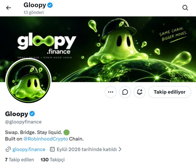 A Twitter/X profile page for 'Gloopy' (@gloopyfinance), a green slime mascot-themed crypto project on Robinhood Crypto Chain, featuring the tagline 'Swap. Bridge. Stay liquid.'