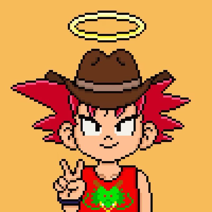 A pixel art illustration of a red-haired anime-style character with a halo, wearing a brown cowboy hat and a red shirt with a green frog design, giving a peace sign against an orange background.