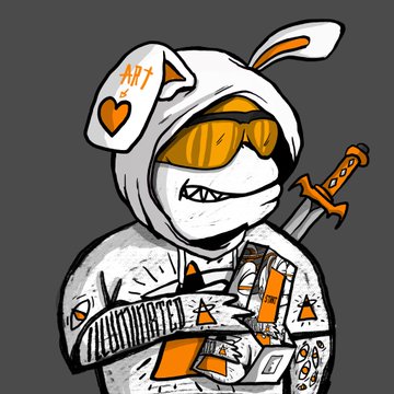 A cartoon character wearing a white hoodie and orange-tinted sunglasses holds an orange-wrapped sword, with "ART" and a heart inscribed on the hood, visually reinforcing the post's message about artist-controlled, on-chain Bitcoin art free from third-party metadata control.