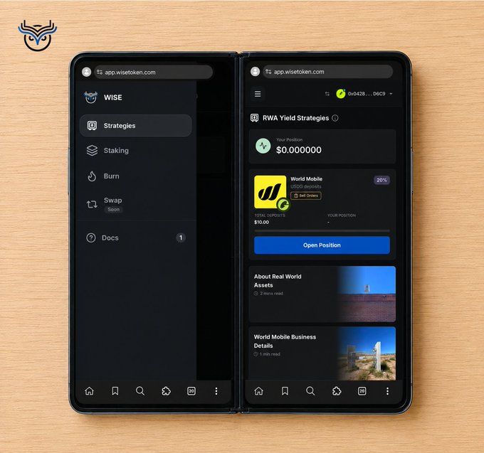 A dual-screen tablet displays the WiseToken app at app.wisetoken.com, showing the "RWA Yield Strategies" dashboard with a "World Mobile" 20% APY option for stablecoin deposits. The image illustrates the post's contrast between meme-driven hype and WiseToken's real-world asset yield strategy, where users can deposit USDG to earn up to 22% APY backed by actual telecom node revenue.