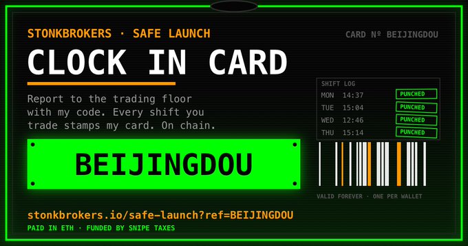 A digital "Clock In Card" from Stonkbrokers featuring the code "BEIJINGDOU" with a shift log showing punched entries from Monday through Thursday, matching the user's claimed referral code for the launchpad.