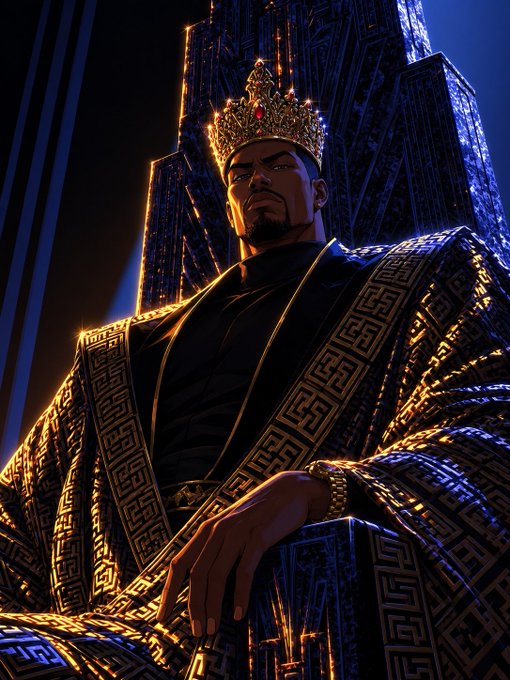 A digital illustration of a regal figure wearing a golden crown and an ornate robe with Greek key patterns, seated against a dark, imposing architectural backdrop.