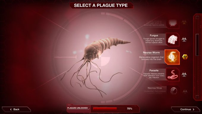 A 'SELECT A PLAGUE TYPE' menu screen from a video game, displaying a 3D model of a parasitic worm and a list of options including Fungus, Neurax Worm, Parasite, and Necroa Virus.