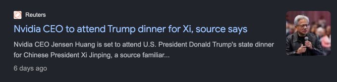 A Reuters news headline: 'Nvidia CEO to attend Trump dinner for Xi, source says', referring to Jensen Huang attending a state dinner for Chinese President Xi Jinping.