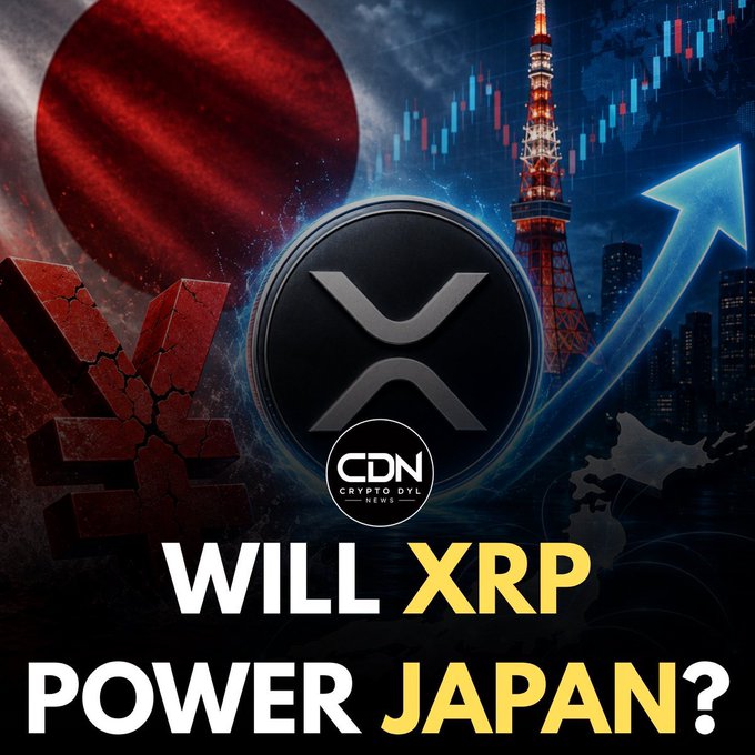 A promotional graphic for 'CDN CRYPTO DYL NEWS' featuring the XRP logo, Japanese flag, yen symbol, Tokyo Tower, and trading chart with the text 'WILL XRP POWER JAPAN?'.