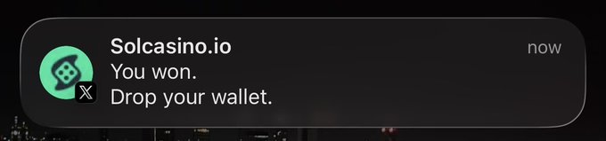 A notification from "Solcasino.io" reads "You won. Drop your wallet," paired with a social media post asking "Okay, who still hasn't won a giveaway from us?"—the image appears to be a deceptive screenshot mimicking a giveaway win to lure users into connecting their crypto wallets, a common scam tactic.
