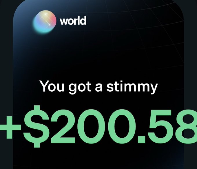 World App notification screen displaying the message 'You got a stimmy +$200.58' in large green text.