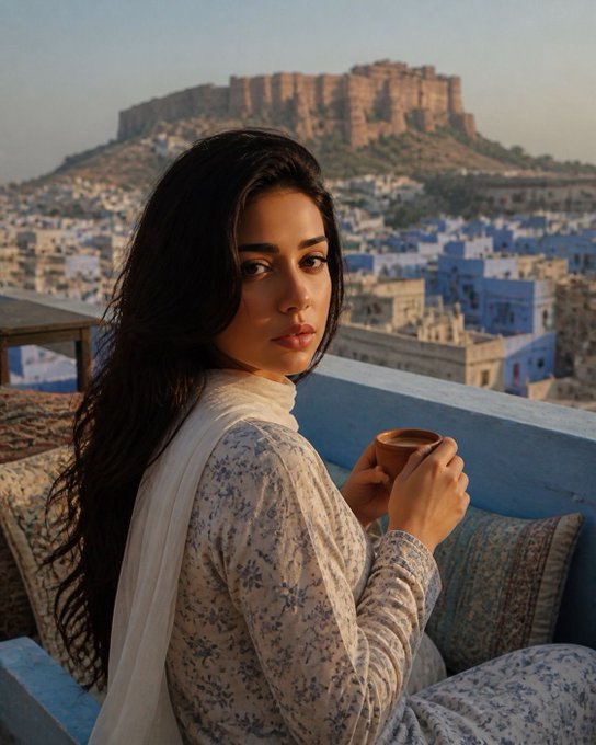 A woman with long dark hair in a floral dress holds a cup, sitting on a balcony overlooking the blue city of Jodhpur with the Mehrangarh Fort visible in the background.