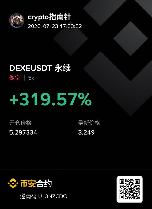 A trading screenshot showing a short position on DEXEUSDT perpetual contract with a +319.57% gain, dated 2026-07-23 from user 'crypto 指南针', with a Binance referral code.