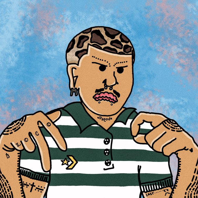 A stylized cartoon illustration of a man with a leopard-print haircut and mustache wearing a striped green and white shirt, with 'Papada' tattooed on his neck.