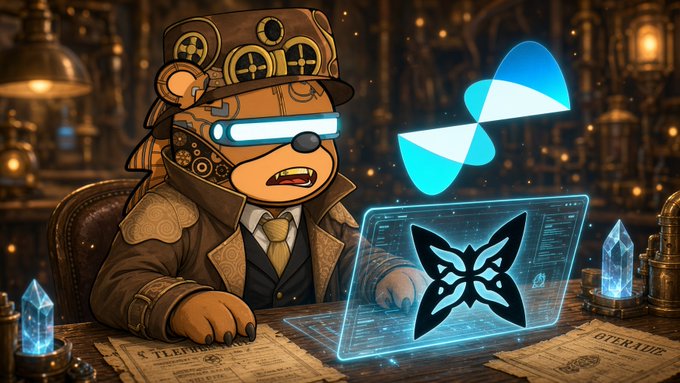 A digital illustration shows a steampunk-styled bear character wearing glowing blue goggles working at a desk with a laptop displaying a butterfly logo, accompanied by a floating butterfly emblem.