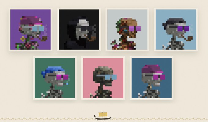 A collection of seven pixel art skeleton characters displayed in polaroid-style frames, each with different colored sunglasses, hats, and accessories.