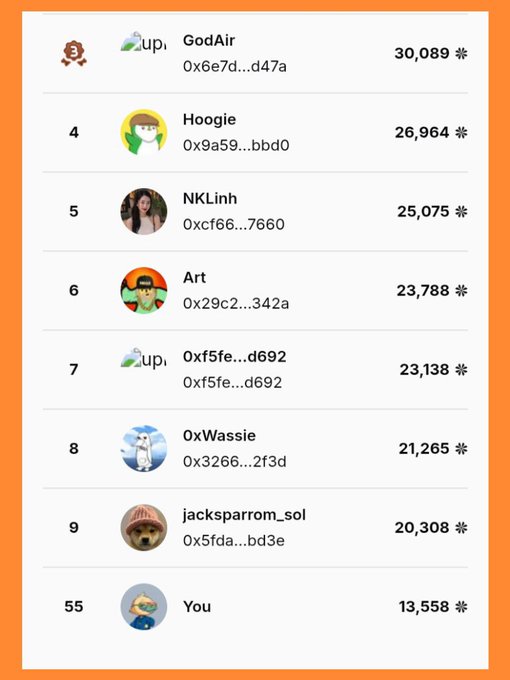 A leaderboard displays ranked users with usernames like "GodAir" (30,089 points at rank 3), "Hoogie" (26,964 at rank 4), and "You" at rank 55 with 13,558 points, illustrating the poster's progress on the Quip Network airdrop leaderboard as they aim to climb into the top 50.