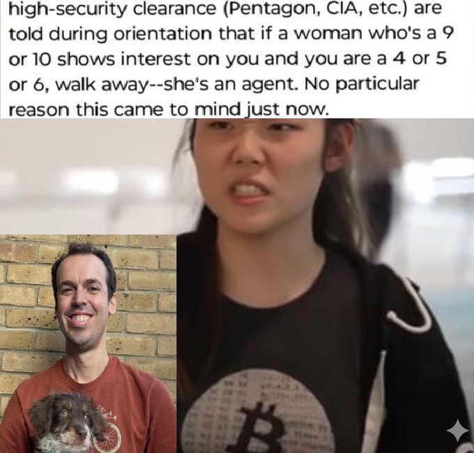 A meme featuring text about high-security clearance orientations and attractive women being agents, alongside a man smiling with a dog and a woman with a Bitcoin symbol on her shirt.