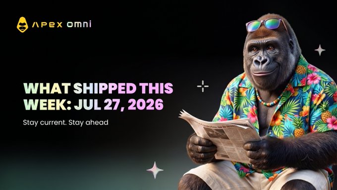 Banner for 'APEX OMNI' featuring a gorilla in a Hawaiian shirt reading a newspaper, with the text 'WHAT SHIPPED THIS WEEK: JUL 27, 2026' and the tagline 'Stay current. Stay ahead' on a black background.