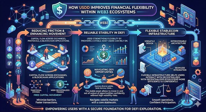 The image features a vibrant infographic with three different colored arrows symbolizing the flow of financial flexibility within web3 ecosystems. Each arrow points in a different direction, representing various aspects or services available through decentralized finance. The infographic also includes text explaining how this flexibility can be achieved and the benefits it offers to users.