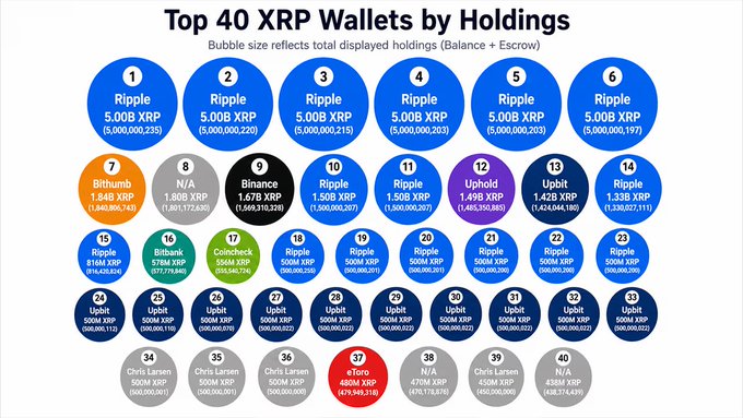 A bubble chart titled 'Top 40 XRP Wallets by Holdings' displaying Ripple, Bithumb, Uphold, Binance, and other wallets with various XRP amounts.