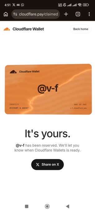 A screenshot of a Cloudflare Wallet webpage confirming the username '@v-f' has been reserved, with the text 'It's yours. @v-f has been reserved. We'll let you know when Cloudflare Wallets is ready.' and a 'Share on X' button.
