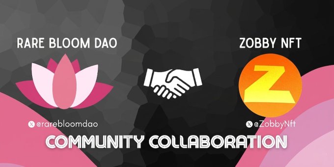 The image features a poster with two handshakes, one pink and one yellow, positioned above the text "Rare Bloom Dao", which reads "Rare Bloom Dao". Below these handshakes are two logos for different companies - one is a logo for "Zobby NFT" (a company that sells digital art), and the other is a logo for "Ethereum Free Mint". The poster also includes some text about community collaboration, with the phrase "Community Collaboration" written below the handshakes.