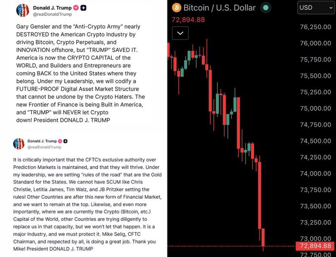 The image displays a slide with Bitcoin, the US Dollar, and Trump's Twitter feed all featured within the same screenshot. The text includes the cryptocurrency market's current value of $2,944.86 and Donald J Trump's Twitter account. The post also mentions President Trump and Donald Trump's tweets on cryptocurrency markets and Bitcoin.