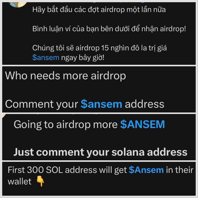 Collection of scam airdrop posts in Vietnamese and English asking users to comment their $ansem Solana wallet address to receive free tokens.