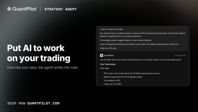 Advertisement for QuantPilot Strategy Agent featuring the tagline "Put AI to work on your trading" with a sample trade setup for BTC closing a 4h candle above the 50 WMA, and a call to join now at quantpilot.com.