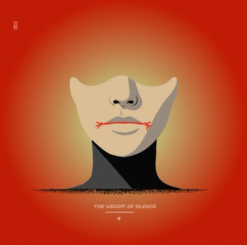 Artwork titled 'The Weight of Silence' showing a figure with a closed mouth on an orange background.