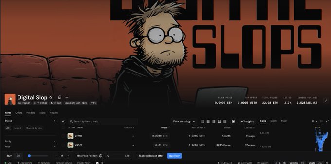 A cartoon character with wide eyes and a beard sits on a couch in front of a laptop, with the text 'LITTLE SLOPS' visible behind them and a 'Digital Slop' NFT trading interface displayed below.