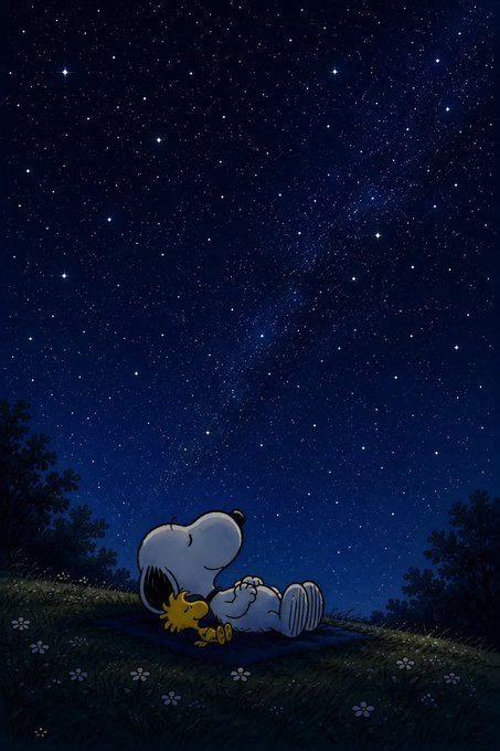 An illustrated scene of Snoopy lying on his back in a grassy field at night, cuddling Woodstock while gazing up at a vast, star-filled sky.