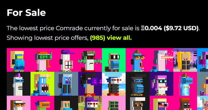 A webpage for an NFT collection titled 'For Sale' lists 'The lowest price Commrade currently for sale is Ξ0.004 ($9.72 USD)' with (985) view all, displaying a grid of pixelated character avatars below.