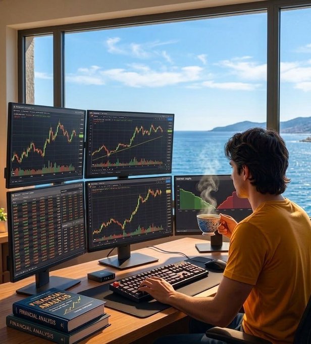 An AI-generated image of a young man analyzing financial charts across several monitors at a desk overlooking the ocean, with 'Financial Analysis' books stacked nearby.