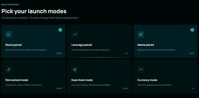 A dark-themed interface titled 'BUILD YOUR STACK: Pick your launch modes' displays six selectable options including 'Stock paired', 'Leverage paired', 'Meme paired', 'Pennystock mode', 'Dual chain mode', and 'Currency mode'.