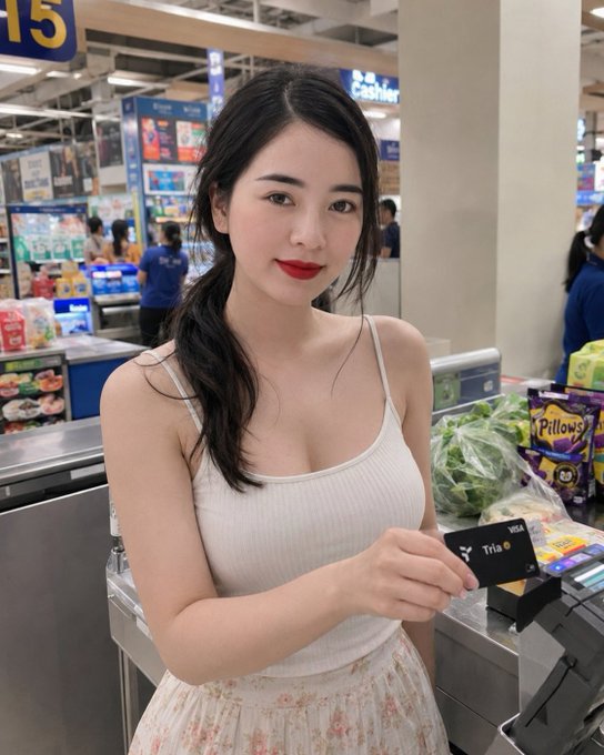The image features a young woman standing at a self-service checkout counter holding a credit card. She appears to be posing for a photo while paying for her groceries with the card. The background of the image shows other people present, but they are not the main focus of the scene.