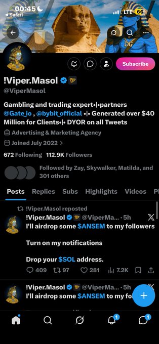 A Twitter/X profile screenshot of the verified account '!Viper.Masol' (@ViperMasol), which describes itself as a 'Gambling and trading expert,' and shows a post about airdropping $ANSEM tokens to followers who drop their $SOL address.