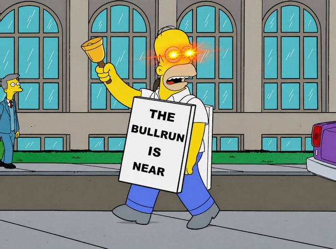 A modified scene from The Simpsons showing Homer Simpson walking with glowing red laser eyes, ringing a bell, and wearing a sandwich board that reads 'THE BULLRUN IS NEAR'.