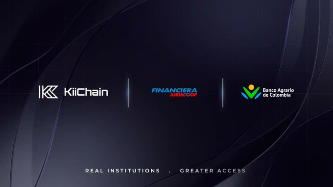 A promotional banner showing logos for 'KiiChain', 'FINANCIERA JURISCOOP', and 'Banco Agrario de Colombia' with the tagline 'REAL INSTITUTIONS . GREATER ACCESS'.