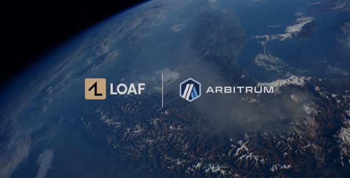 A logo display showing 'LOAF' and 'ARBITRUM' side by side against a backdrop of Earth viewed from space, featuring mountain ranges and clouds.