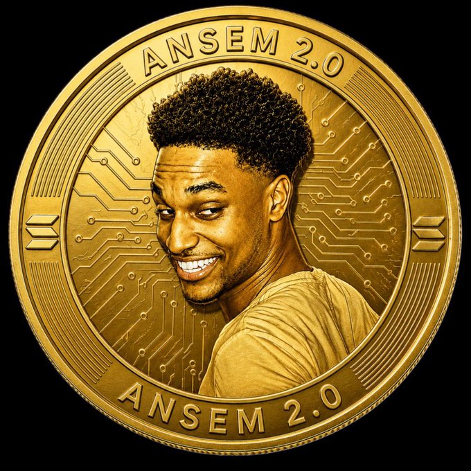 A gold commemorative coin featuring Ansem’s portrait, surrounded by circuit-board patterns, reads “ANSEM 2.0” at the top and bottom. The image promotes the launch of the ANSEM2.0 token with the provided Solana contract address.