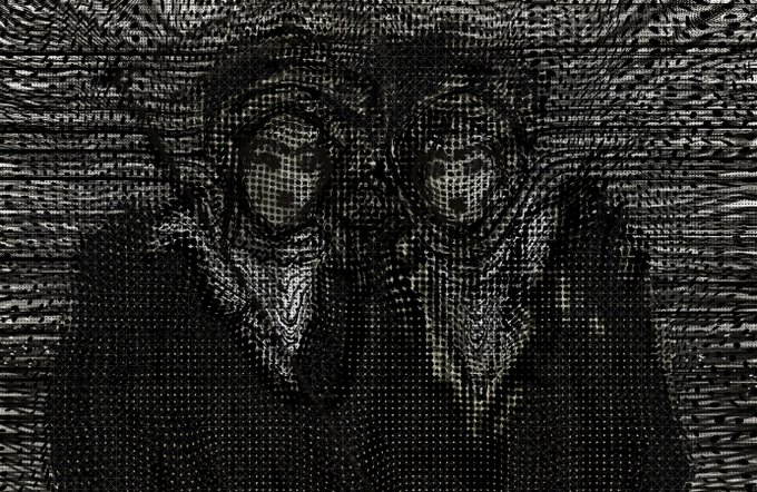 A distorted, monochromatic digital art piece depicting a figure with sunglasses rendered in a wavy, glitch-like black and white pattern.